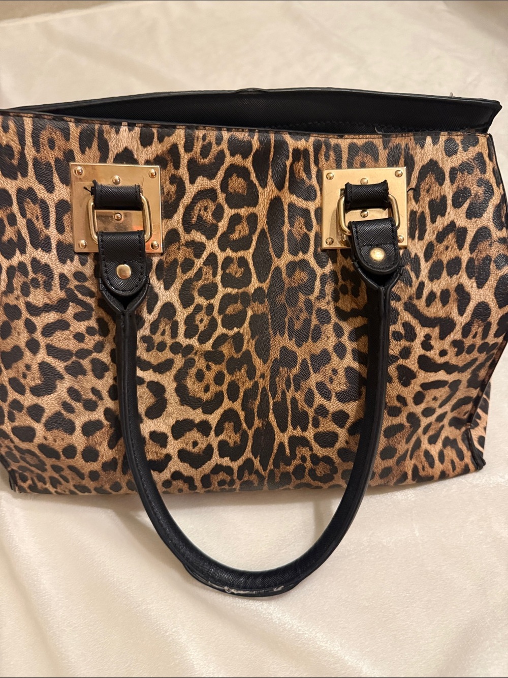 Leopard Print Tote Bag with Black Handles and Gold Hardware. The wallet included